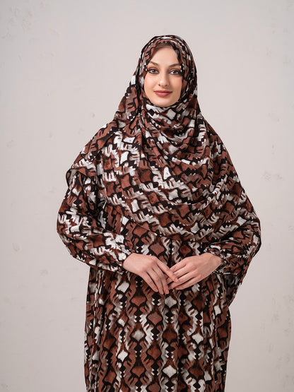 Earth-Tone Printed Modest Prayer Gown cum  Abaya Set with Matching Headscarf