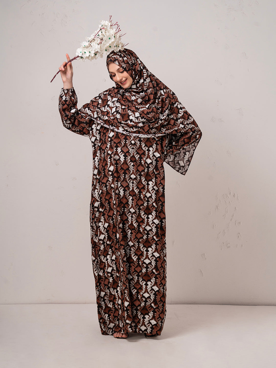 Earth-Tone Printed Modest Prayer Gown cum  Abaya Set with Matching Headscarf