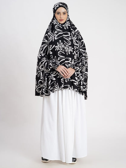 Black Chic Leaf Print Premium Viscose Namaz Makhna with Elasticated Sleeves