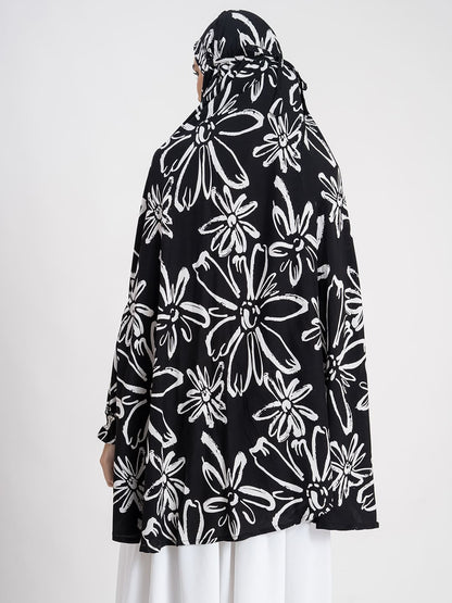 Black Chic Leaf Print Premium Viscose Namaz Makhna with Elasticated Sleeves
