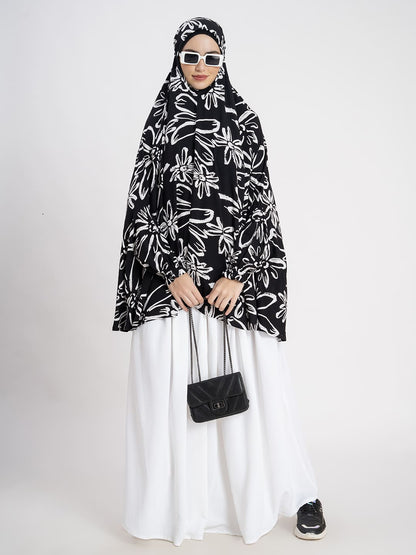 Black Chic Leaf Print Premium Viscose Namaz Makhna with Elasticated Sleeves
