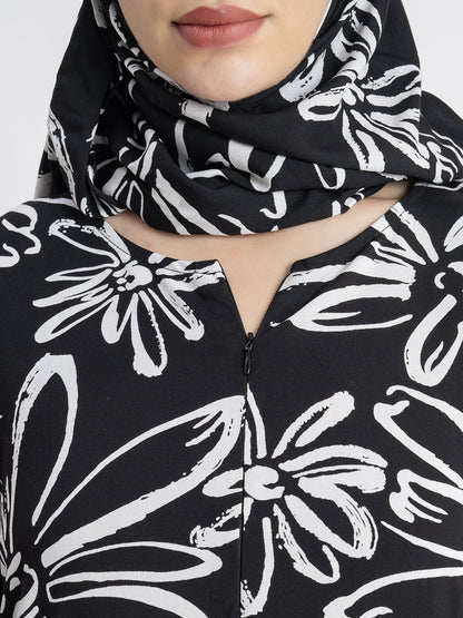 Chic Leaf Print Prayer Gown Black