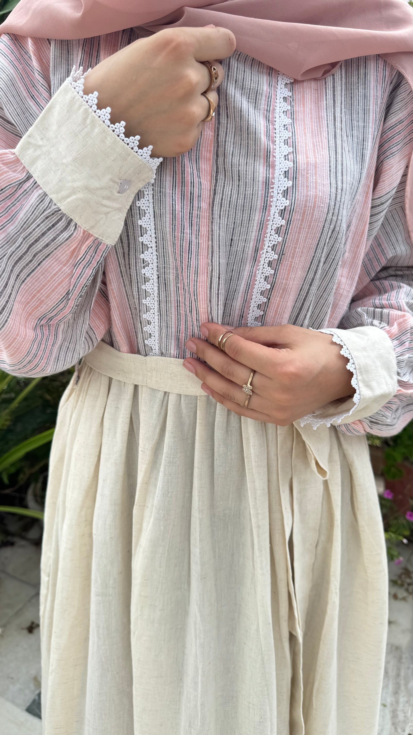 Elegant Pastel Striped Maxi Dress with Belt – Modest Wear