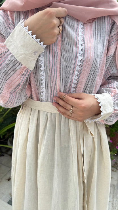 Elegant Pastel Striped Maxi Dress with Belt – Modest Wear