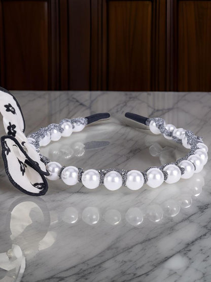 Elegant Pearl Bow Headband Blue