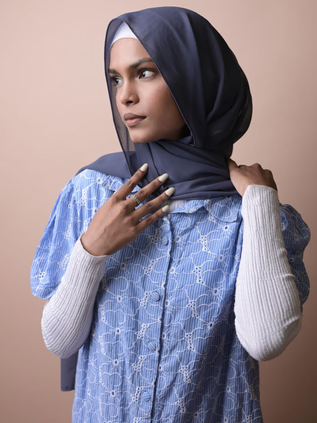 Embroidered Cotton Dress with Belt Blue