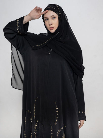 Women Embroidered Round Neck Abaya With Scarf