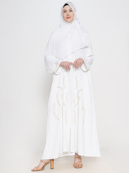Women Embroidered Round Neck Abaya With Scarf