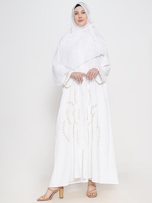 Women Embroidered Round Neck Abaya With Scarf