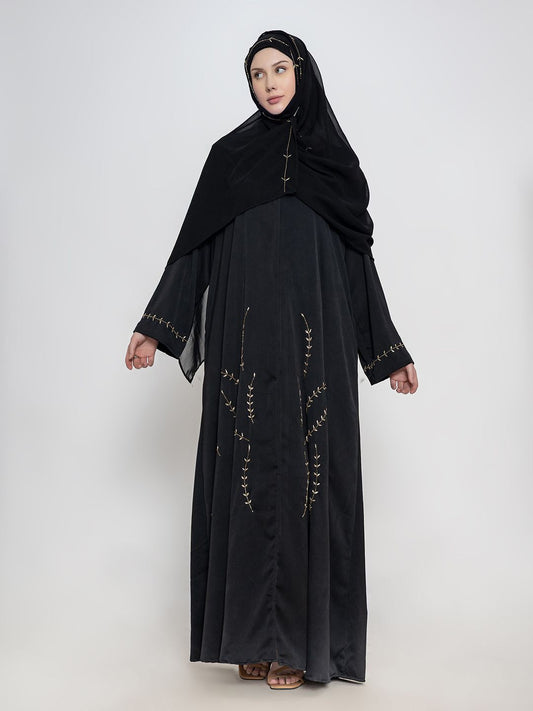 Women Embroidered Round Neck Abaya With Scarf
