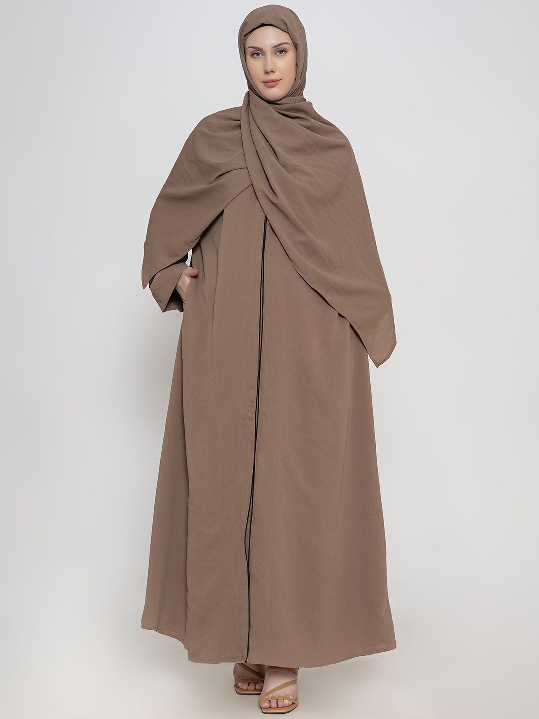 Women V-Neck Front Open Abaya With Scarf