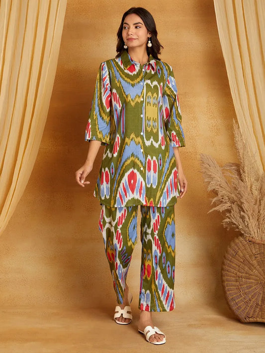 Multicolor Printed Cotton Co-ord Set- Set of 2