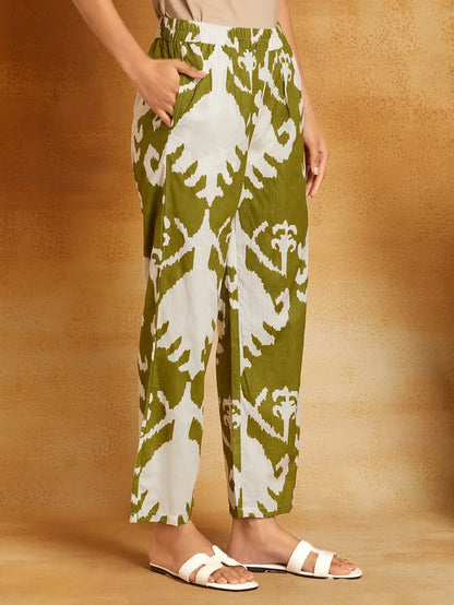 Mehndi Green Printed Cotton Kurta with Pants- Set of 2